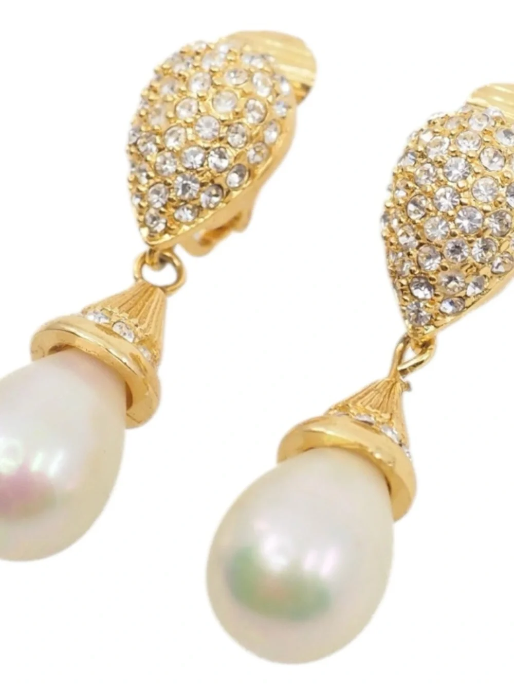 Dior Vintage Gold Crystal Pavé Earrings with White Pearl Drops clip on earrings - Picture 3 of 11
